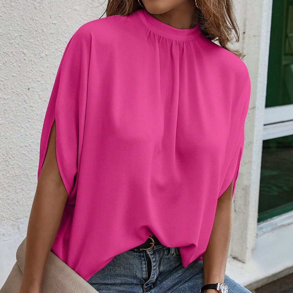Hot Pink Casual Women's Stand Collar Loose Bat Wing Sleeve Blouse